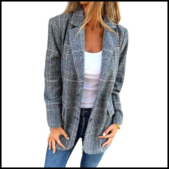 Tweed Blazer Notch Lapel Lined Pockets Work Casual Oversized Polyester